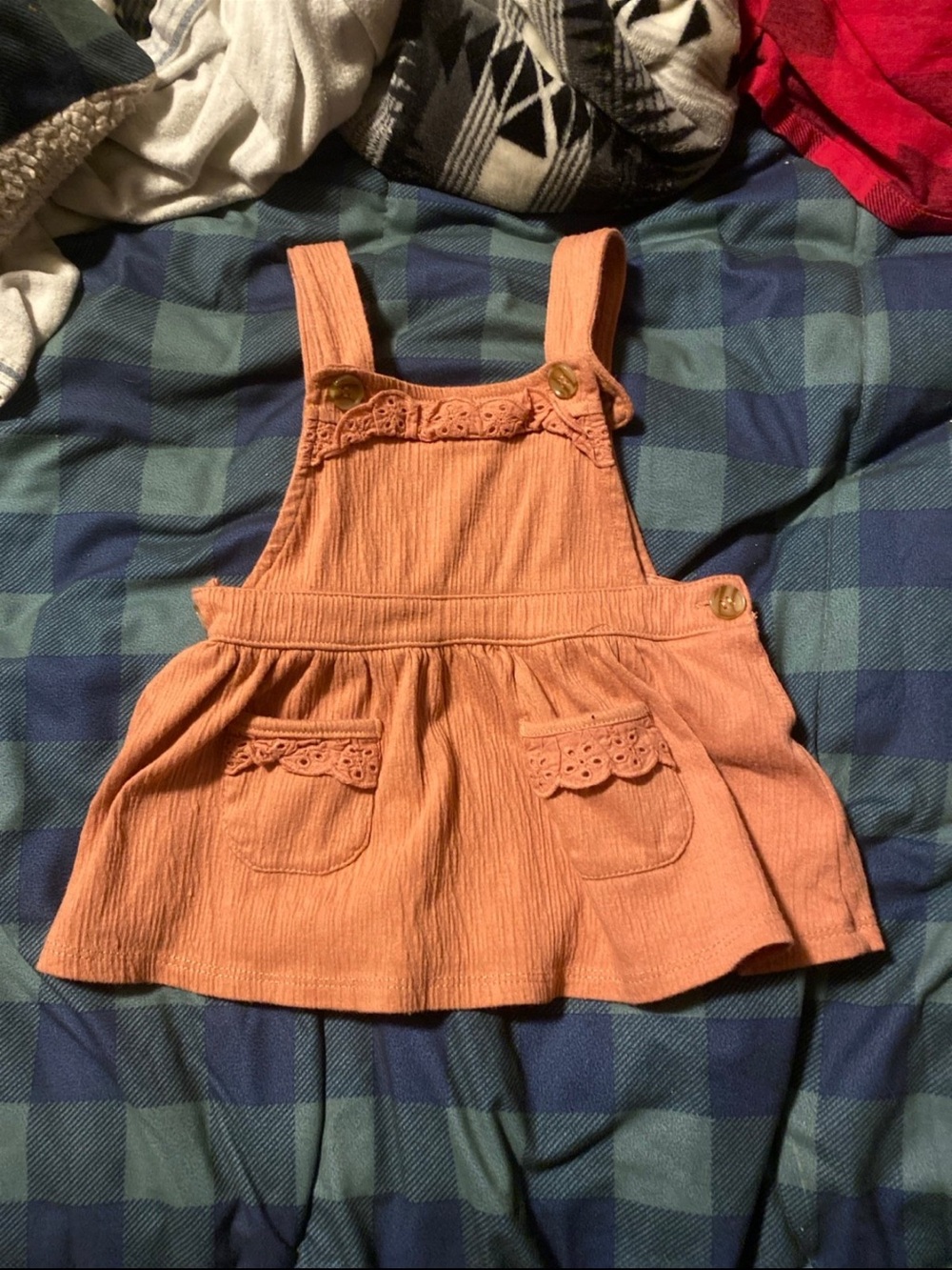 Nicole Miller Peach Girls Overall Dress with Lace Pockets